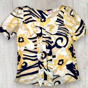 LILLY PULITZER Navy Blue & Gold Ruffle Front Blouse Top SILK Short Sleeve 0